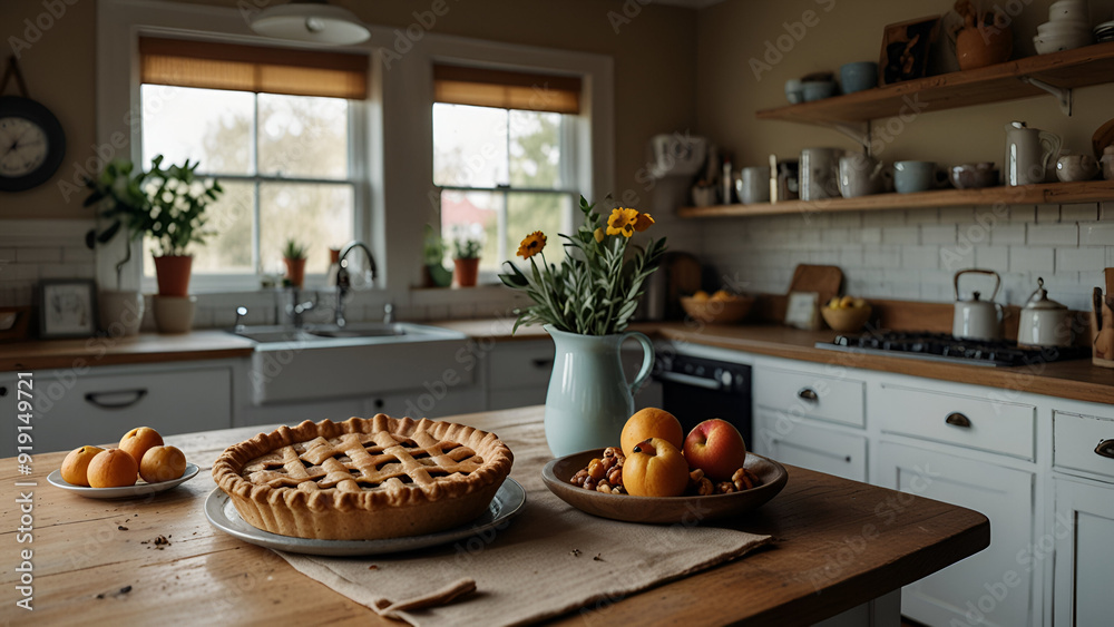 Cozy home kitchen with a freshly baked pie and homey decor. Cozy home kitchen with a freshly baked pie and homey decor.