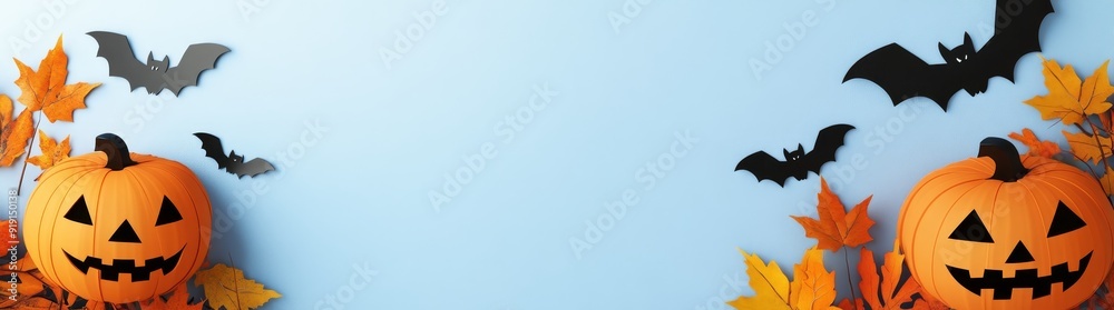 This Halloween banner features cheerful jack-o'-lanterns on a light blue background as well as colorful autumn leaves and bats. This Halloween banner features cheerful jack-o'-lanterns on a light blue background as well as colorful autumn leaves and bats.
