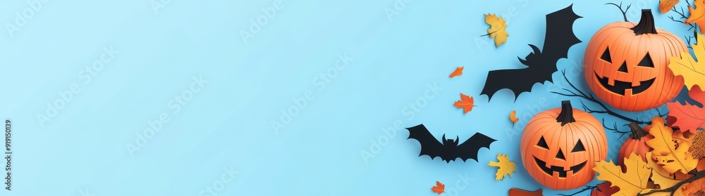The banner features colorful autumn leaves, bats, and cheerful Jack-o'-lanterns on a light blue background. Perfect for Halloween. The banner features colorful autumn leaves, bats, and cheerful Jack-o'-lanterns on a light blue background. Perfect for Halloween.