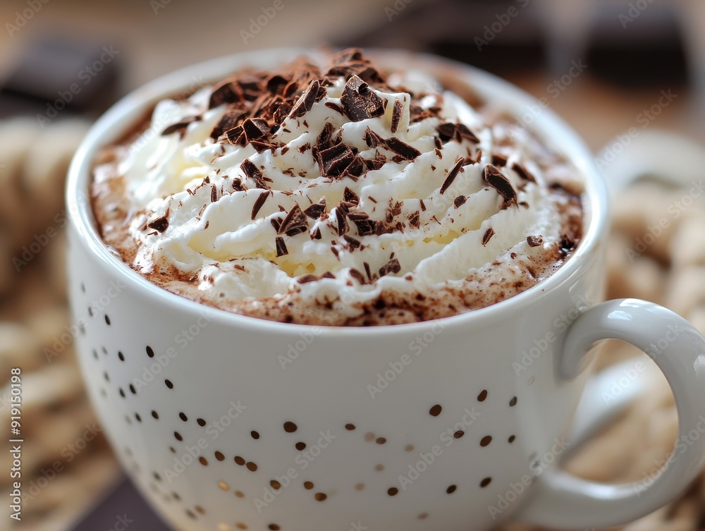 Close-up of a White Mug with Whipped Cream and Chocolate Shavings - Hot Chocolate or Coffee Drink Close-up of a White Mug with Whipped Cream and Chocolate Shavings - Hot Chocolate or Coffee Drink