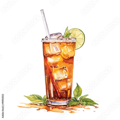 Iced tea Watercolor illustration. Hand drawn underwater element design. Artistic vector marine design element. Illustration for greeting cards, printing and other design projects.
