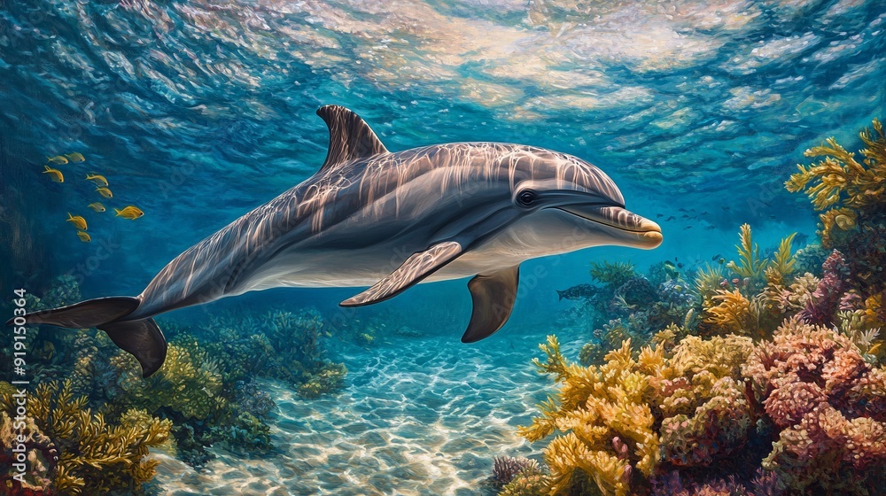 Fototapeta premium Graceful Dolphin Swimming in Crystal Clear Water