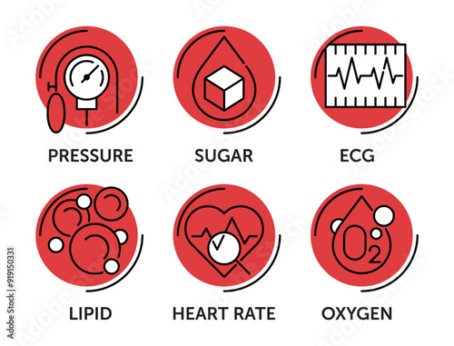 Heart and blood sensors types icons set, red and black color