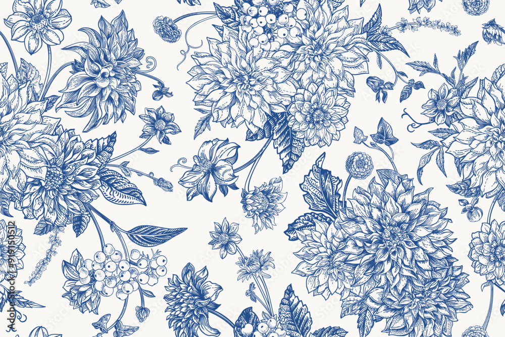 Seamless autumn floral pattern with dahlias, chrysanthemums, asters, zinnias, dogwood berries. Blue