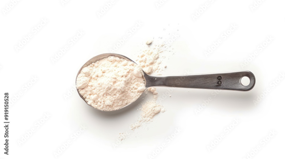 A Metal Measuring Spoon Filled with White Powder A Metal Measuring Spoon Filled with White Powder