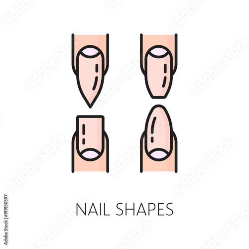 Manicure service nail shapes color line icon. Nail cosmetology, woman beauty or spa salon cosmetics, makeup shop thin line vector symbol. Manicure and pedicure master outline pictogram or icon