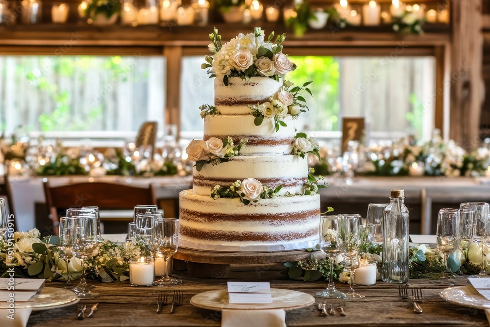Rustic Wedding Cake with Flowers on Wooden Table. Rustic Wedding Cake with Flowers on Wooden Table.