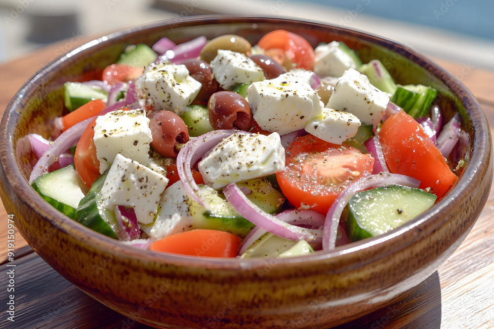 Crisp and refreshing Greek salad with feta, olives, and a mix of fresh vegetables, perfect for a healthy Mediterranean meal Crisp and refreshing Greek salad with feta, olives, and a mix of fresh vegetables, perfect for a healthy Mediterranean meal