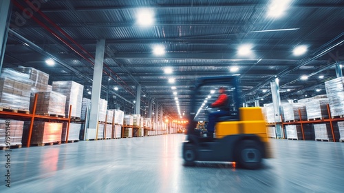 A forklift is driving through a warehouse with many pallets stacked up