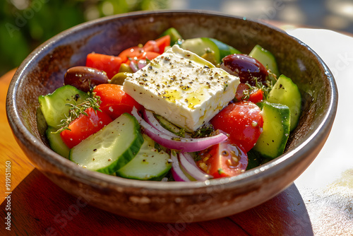 Fresh Greek salad with crisp vegetables, feta cheese, and olives, served in a bowl with a drizzle of olive oil photo