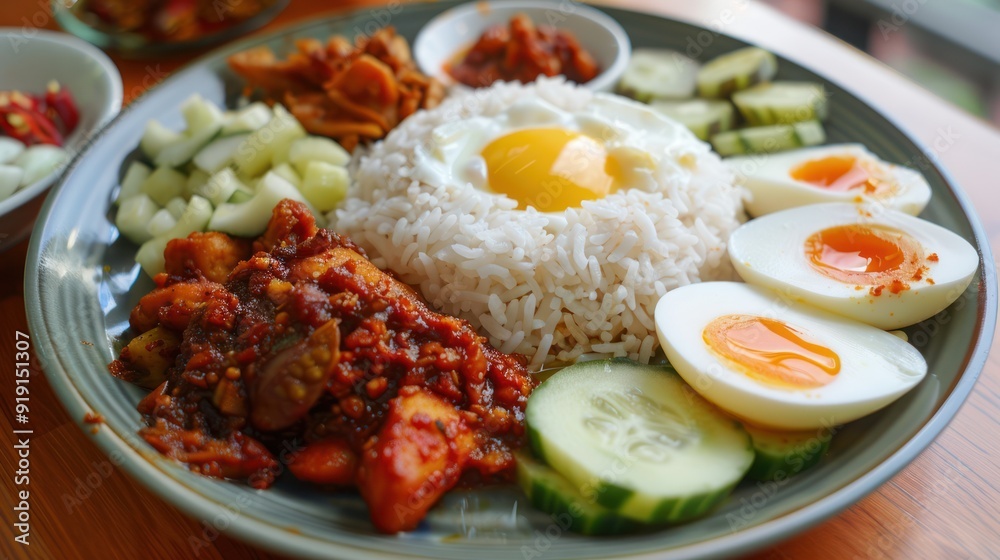 Plate of Nasi Lemak with Chicken, Egg, and Cucumber Plate of Nasi Lemak with Chicken, Egg, and Cucumber