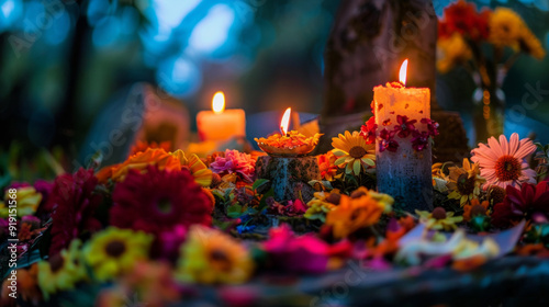 Candlelit altar with flowers and skull for All Saints' Day photo