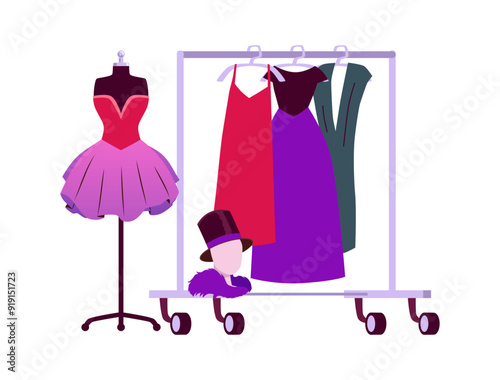 Vector illustrations of a wardrobe with fashionable stylish dresses and a mannequin with a head
