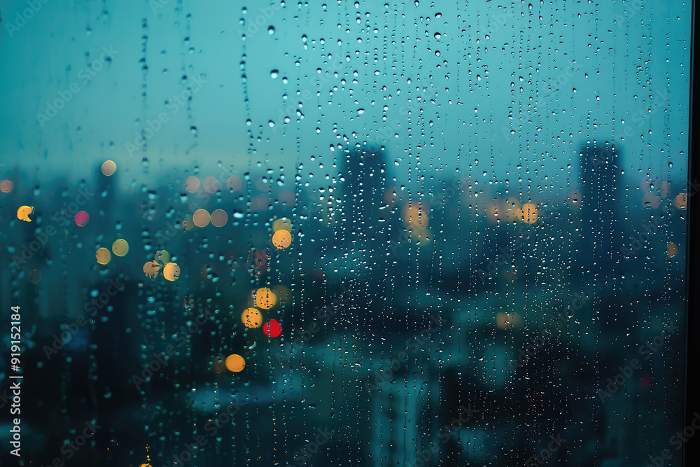 Obraz premium A solitary moment captured in time, where raindrops whisper tales against the glass, blurring the vibrant city lights below.