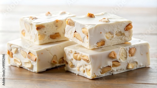 Creamy white nougat melts in your mouth, its soft and chewy texture accompanied by a delicate sheen, inviting you to take a sweet indulgent bite.