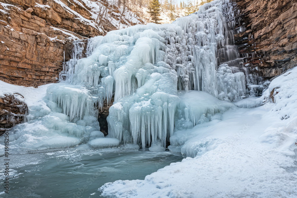 Obraz premium A Frozen Waterfall Capturing Nature's Icy Majesty and the Serene Beauty of Winter's Chilling Embrace in a Quiet Landscape.