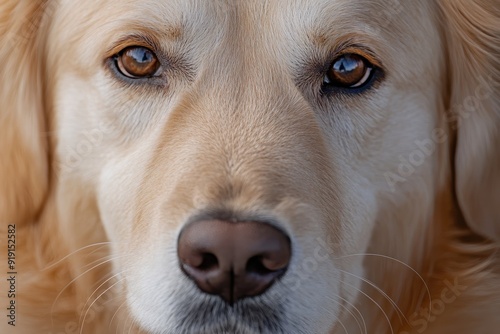 Closeup of Golden Retriever Dog Face with Brown Eyes and Whiskers.