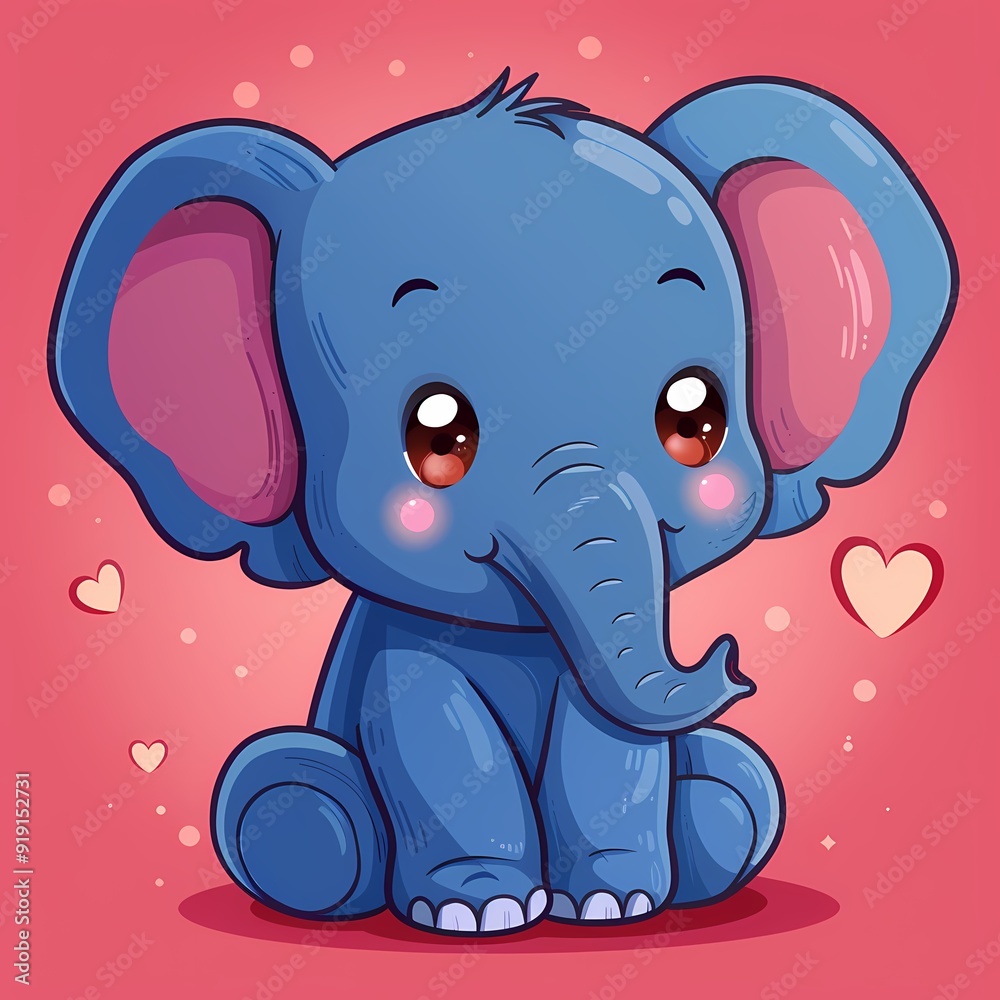 Naklejka premium Cute cartoon blue elephant with big eyes on a pink heart background.
