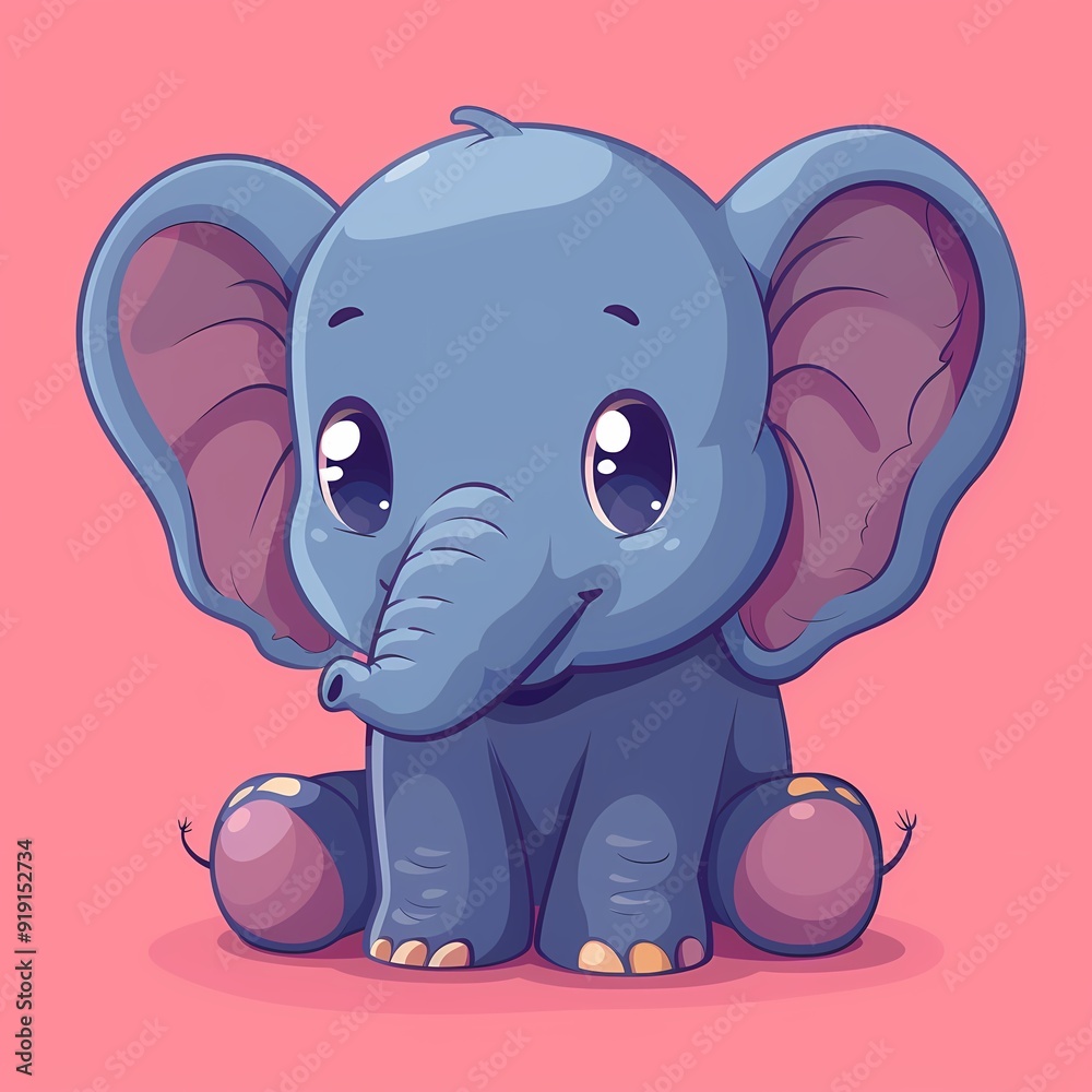 Fototapeta premium Cute cartoon elephant character with big ears and bright eyes on a pink background.