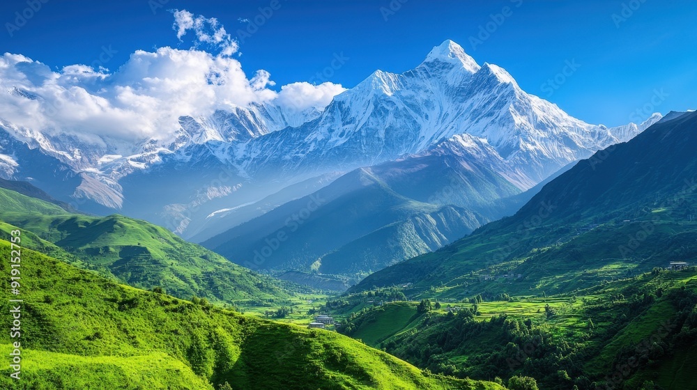 Fototapeta premium Majestic Mountain Peak with Snow-capped Summit and Lush Green Valley