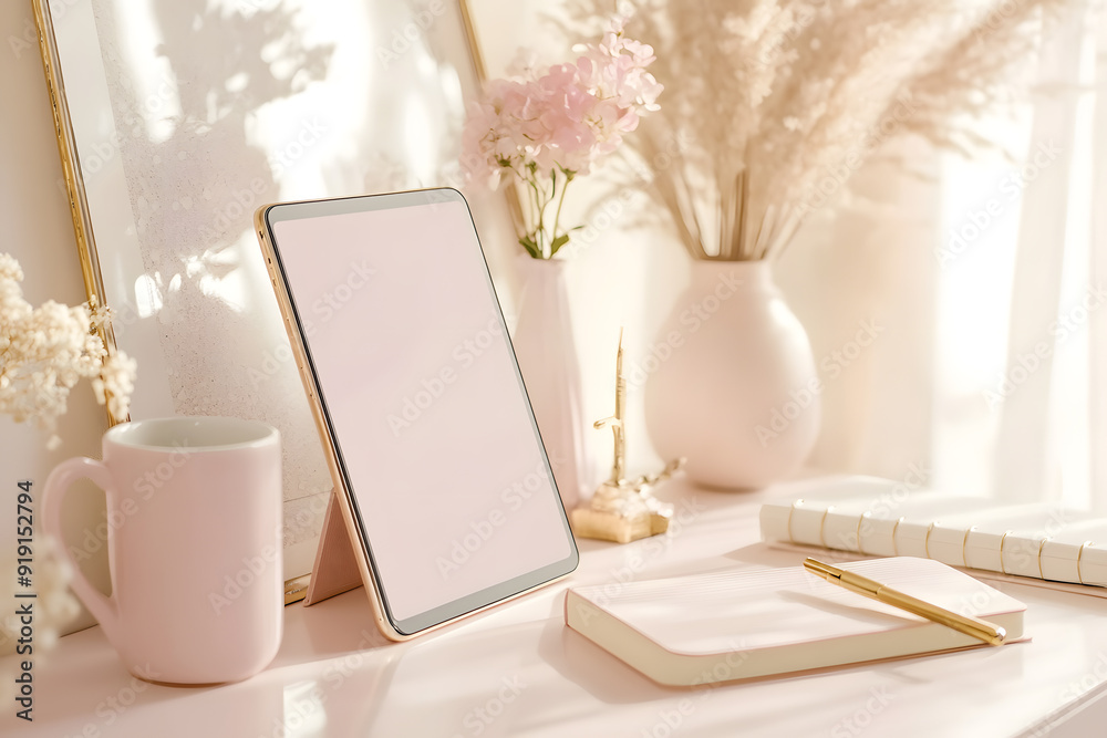 Warm feminine workspace with tablet mockup on pastel desk, featuring pink coffee mug, flower vase, and stylish stationery Warm feminine workspace with tablet mockup on pastel desk, featuring pink coffee mug, flower vase, and stylish stationery