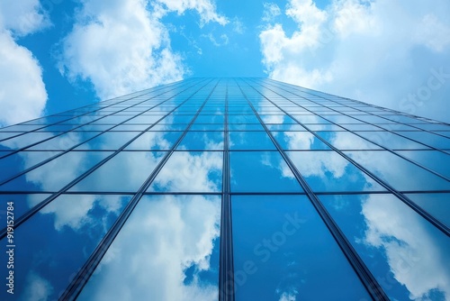 Blue Sky Reflected in Modern Glass Building Facade - Architecture, Urban, Modern Design, Upward View