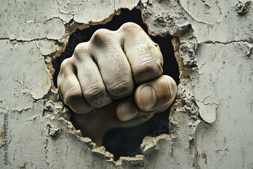 A powerful fist breaks through a crumbling wall, symbolizing strength and defiance against barriers. photo