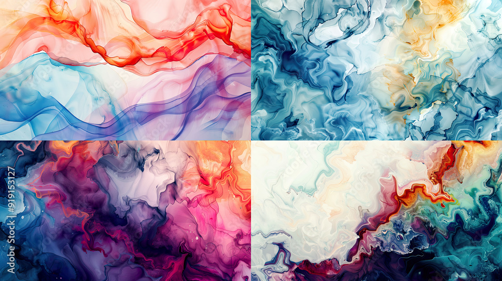 Watercolor abstract patterns featuring fluid and liquid effects, translucent layers, and dynamic textures Watercolor abstract patterns featuring fluid and liquid effects, translucent layers, and dynamic textures