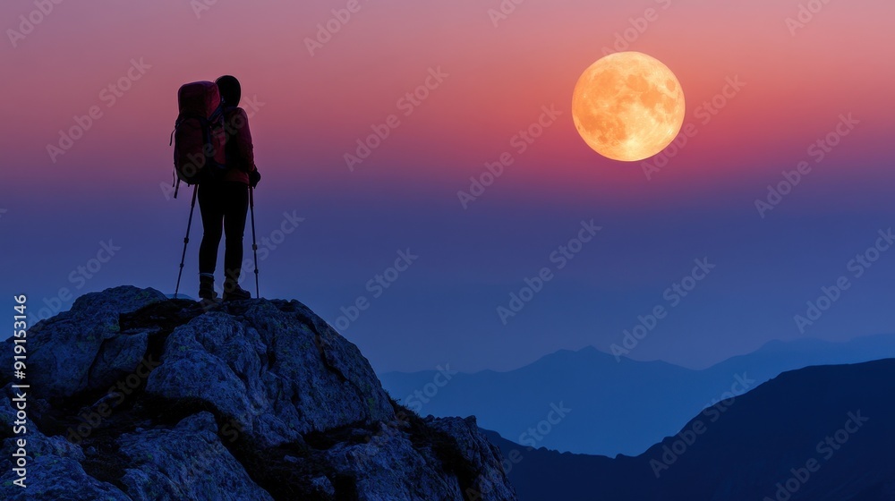 Silhouette of a Hiker on a Mountaintop with a Full Moon in the Sky. Silhouette of a Hiker on a Mountaintop with a Full Moon in the Sky.