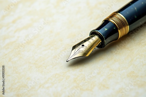 Close-up of Gold Fountain Pen Nib on Cream Paper.