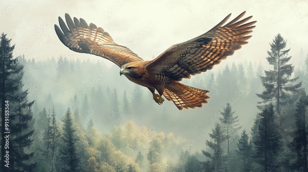 Obraz premium Majestic Hawk Soaring Above the Trees | Stunning Nature Photography