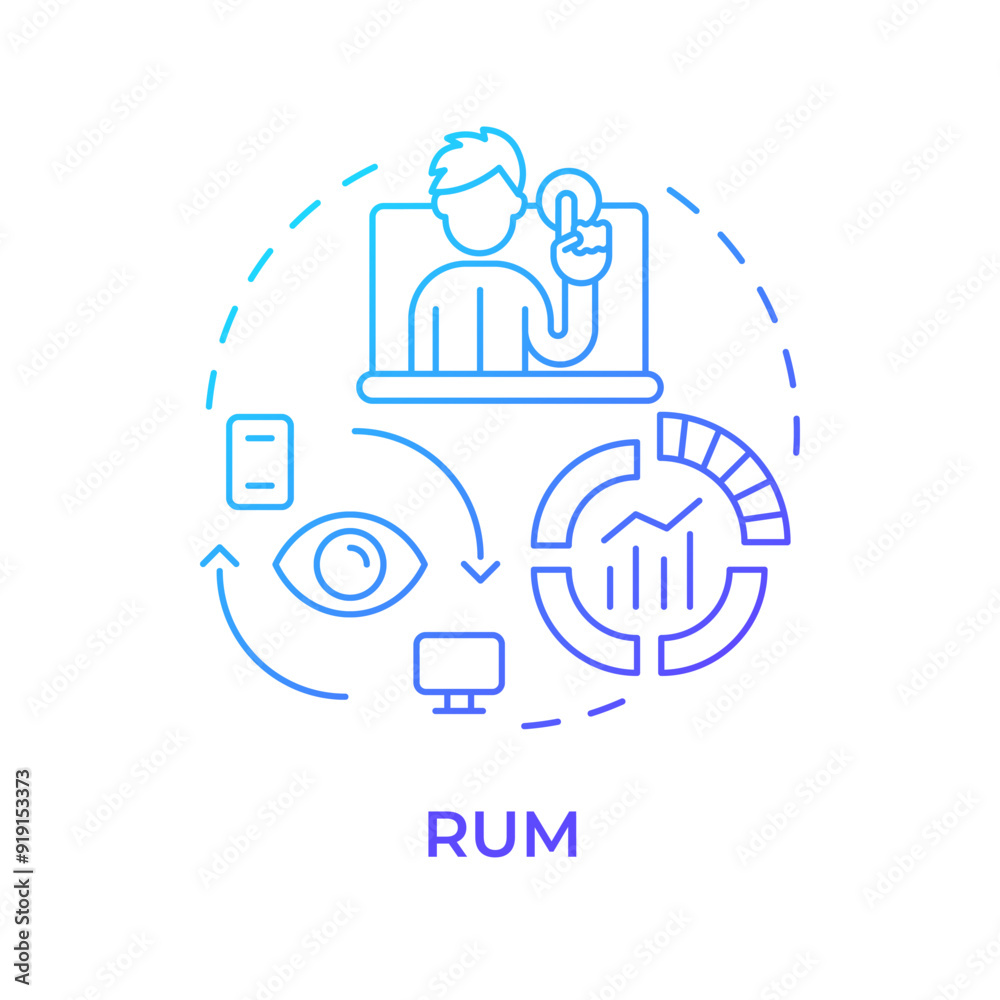 RUM blue gradient concept icon. Realtime data, digital services. Web performance. Round shape line illustration. Abstract idea. Graphic design. Easy to use in infographic, presentation RUM blue gradient concept icon. Realtime data, digital services. Web performance. Round shape line illustration. Abstract idea. Graphic design. Easy to use in infographic, presentation