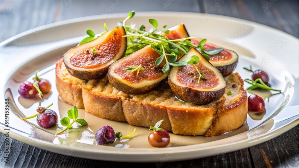 Decadent slice of seared foie gras atop crusty artisanal bread, garnished with fresh figs and microgreens, served on a elegant white plate. Decadent slice of seared foie gras atop crusty artisanal bread, garnished with fresh figs and microgreens, served on a elegant white plate.