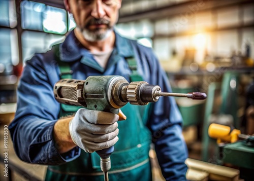 Close-up of a worn, masculine hand gripping a screwdriver machine, with metallic tool bits and a rotary handle, against a blurred workshop background.