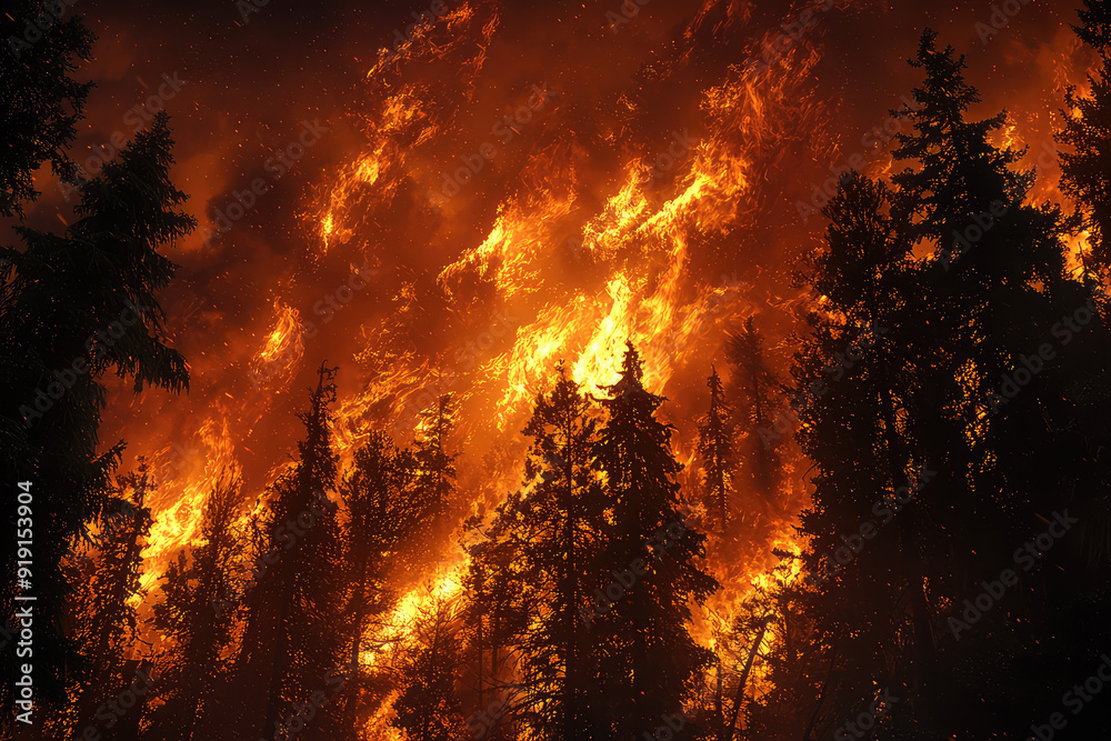 A fierce forest fire engulfs towering trees, leaving a trail of chaos and destruction in its wake, illuminating the night sky. A fierce forest fire engulfs towering trees, leaving a trail of chaos and destruction in its wake, illuminating the night sky.