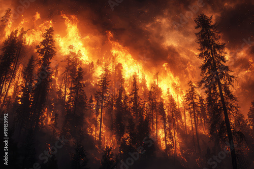 Unleashed Fury: The Terrifying Beauty of a Forest Fire Consuming Nature's Giants in a Fiery Embrace of Destruction