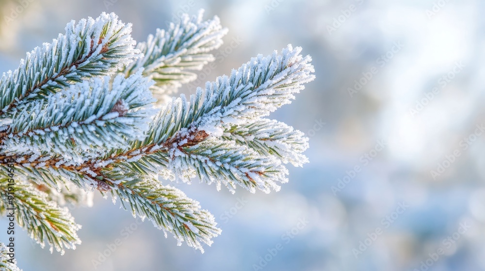 The winter sunlight illuminates a snow-covered pine branch, creating a peaceful and sparkling scene. The winter sunlight illuminates a snow-covered pine branch, creating a peaceful and sparkling scene.