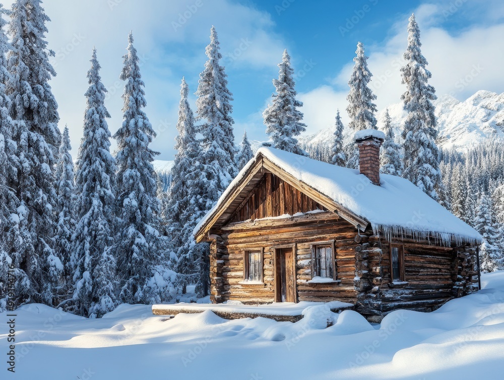 Winter Wonderland Cabin in Snowy Mountains - Log Cabin, Snow Covered Trees, and a Serene Landscape Winter Wonderland Cabin in Snowy Mountains - Log Cabin, Snow Covered Trees, and a Serene Landscape