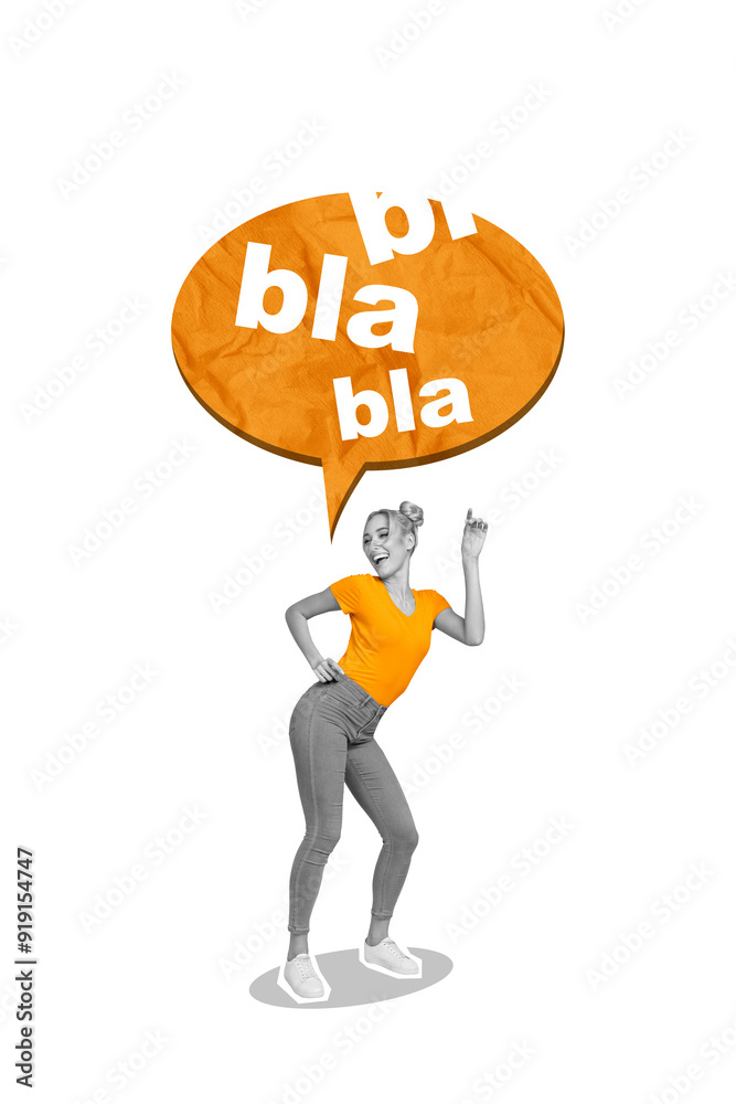Vertical creative composite abstract photo collage of careless foolish woman speaking senseless things isolated on drawing background Vertical creative composite abstract photo collage of careless foolish woman speaking senseless things isolated on drawing background