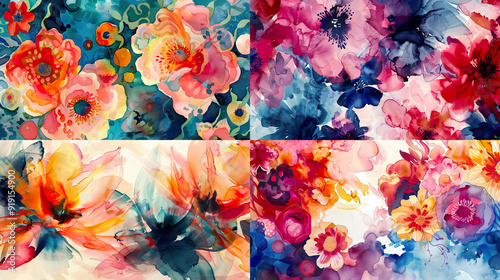 Watercolor blooms/backruns, bold abstract designs with rich hues, creating a lively and intricate background photo