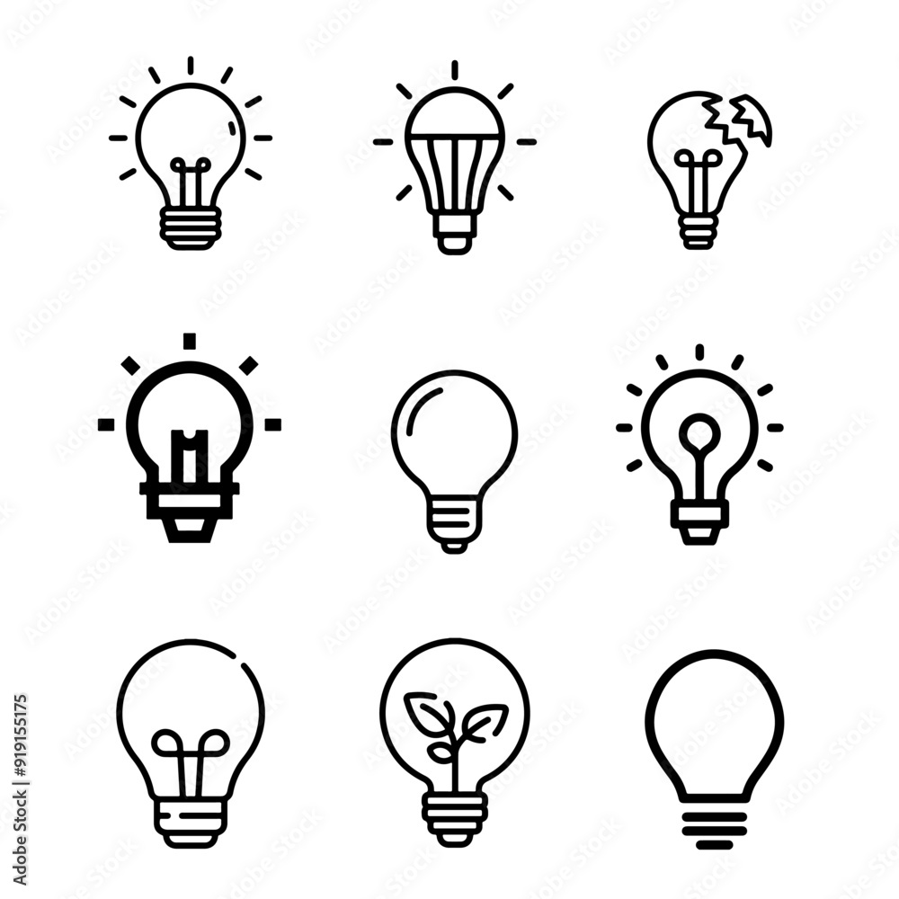 Light bulb icons thin line art set. Black vector symbols isolated on white.
Light bulb icons thin line art set. Black vector symbols isolated on white.