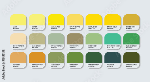 Yellow and Green Color Palette, Yellow and Green Color Guide Palette with Color Names. Catalog Samples of Yellow and Green with RGB HEX codes and Names. Paint, Nature, Plastic, Fashion Trend Colors