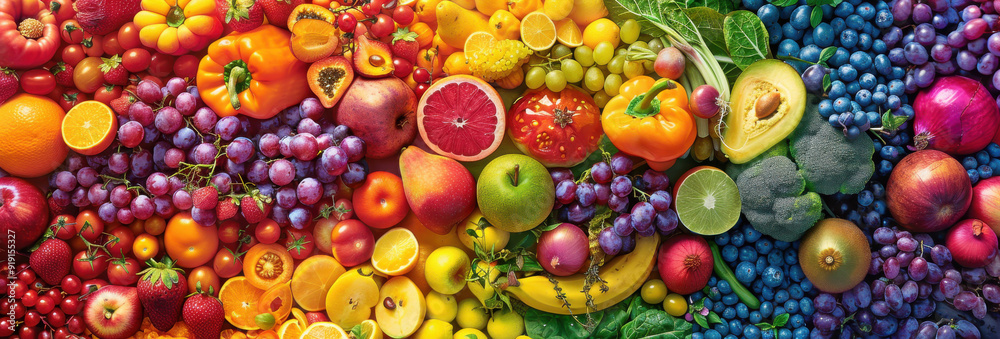 Vibrant rainbow of fruits and vegetables, showcasing diverse natural ingredients Vibrant rainbow of fruits and vegetables, showcasing diverse natural ingredients