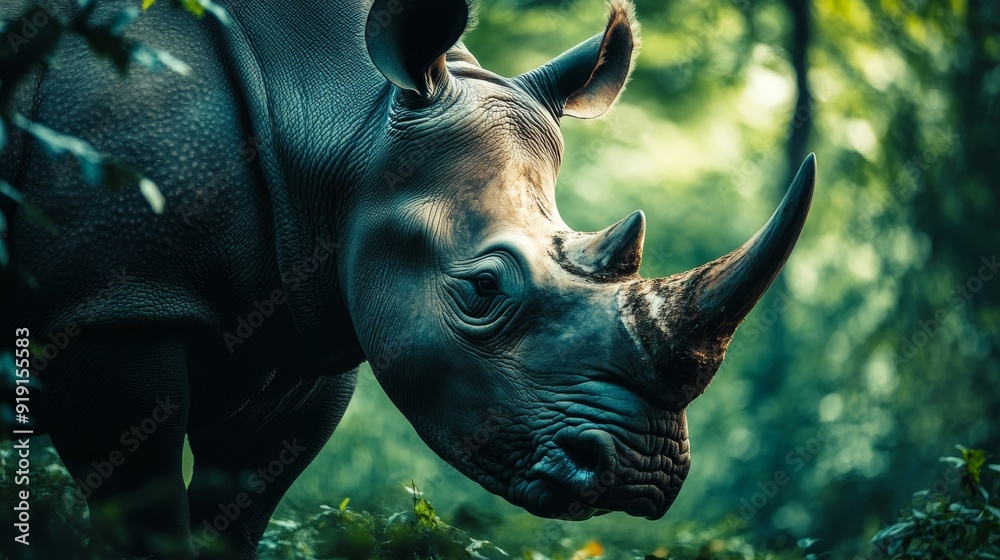 The portrayal of a rhinoceros with its horn prominently displayed is set against an autumn foliage backdrop, depicting both the raw power of the animal and the beauty of the changing seasons. The portrayal of a rhinoceros with its horn prominently displayed is set against an autumn foliage backdrop, depicting both the raw power of the animal and the beauty of the changing seasons.
