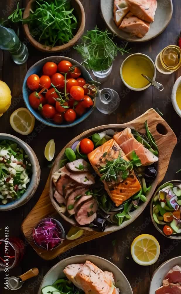 The table features an array of foods including a large grilled salmon fillet garnished with herbs and lemon slices, sliced medium-rare beef The table features an array of foods including a large grilled salmon fillet garnished with herbs and lemon slices, sliced medium-rare beef