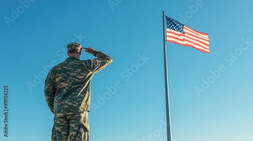 A military veteran saluting in front of a flagpole, with the American flag raised high against a clear blue sky, capturing the pride, honor, and sacrifice of those who have served the country photo