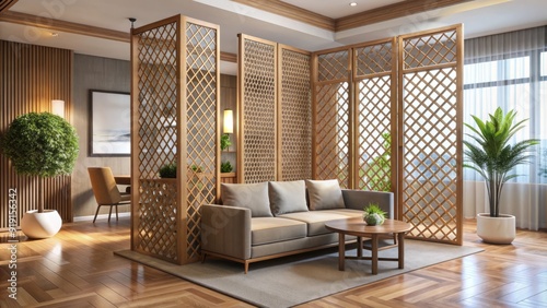 Elegant wooden room divider with latticework panels adds warmth and sophistication to a modern living space, separating areas without blocking natural light. photo