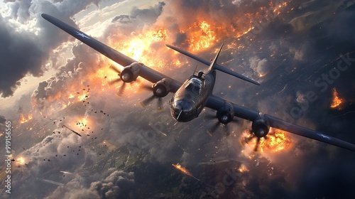 Obraz na płótnie World War II: Warplane Drops Bombs on Distant Target