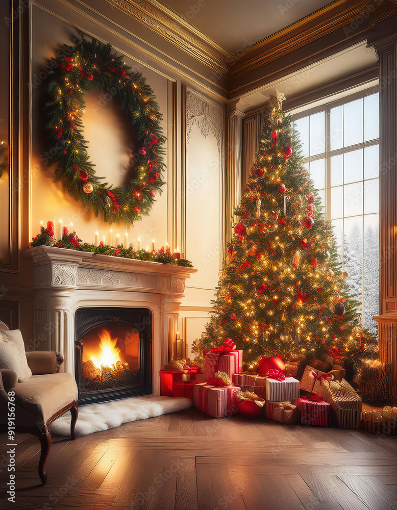 Painting of Christmas tree, fireplace and gifts in a luxury home Painting of Christmas tree, fireplace and gifts in a luxury home