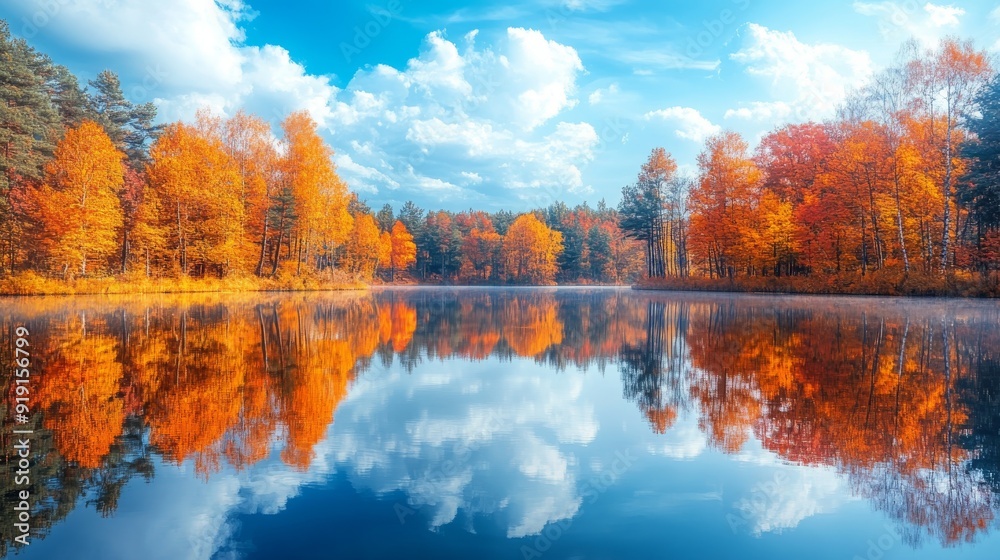 Fototapeta premium Autumn Trees Reflected in a Still Lake Under a Blue Sky